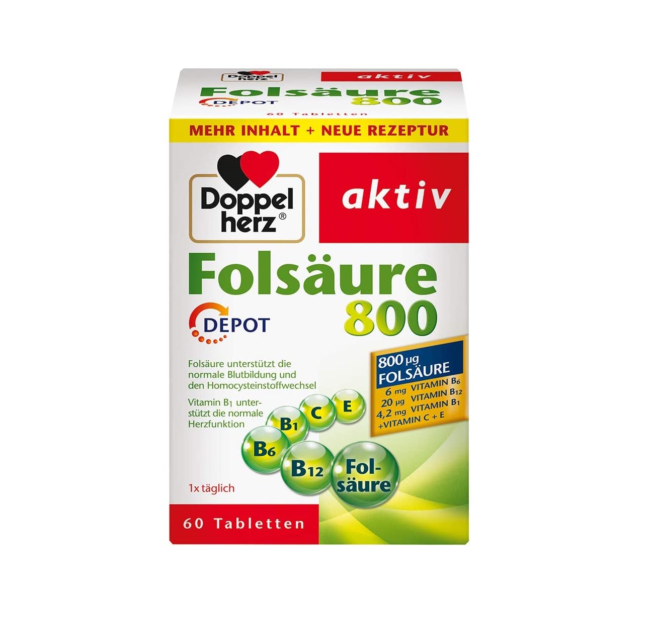 DOPPELHERZ AKTIV FOLNA KISELINA 800 +B+B6+B12+C+E DEPO tablete a 60, Dodatak prehrani za zaštitu stanica i krvnih žila