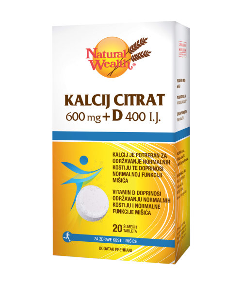 NATURAL WEALTH Kalcij citrat 600 mg + D 400 I.J. a20 šumećih tableta, Za zdravlje kostiju i mišića